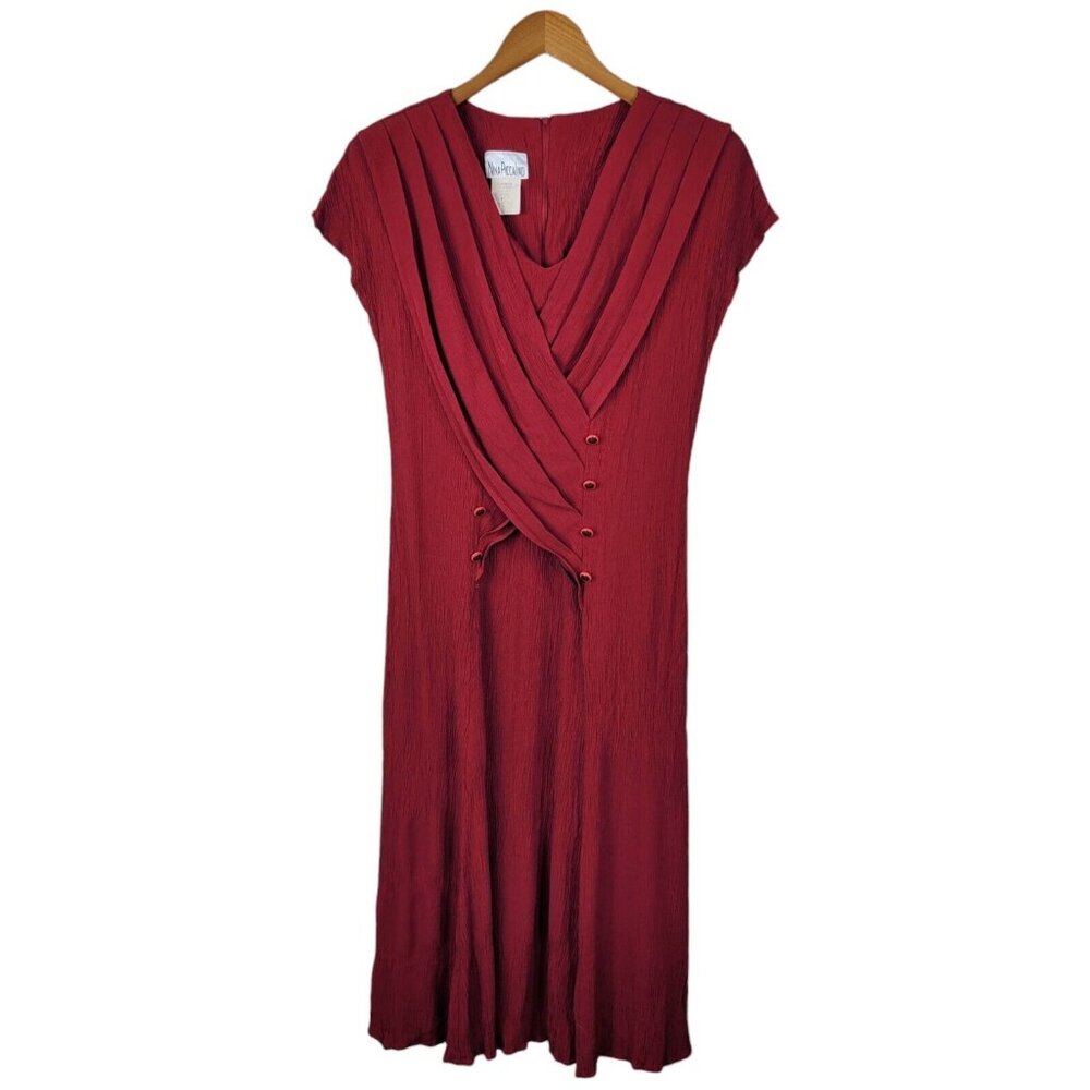 Vintage Wrap Top Dress size 10/12 Medium Grunge Modest Long Crinkle Red Midi - Picture 2 of 7